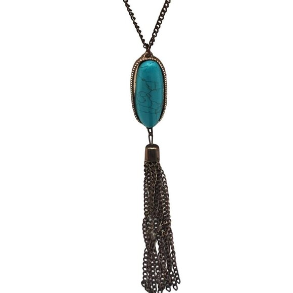 Turquoise Howlite Pendant Necklace With Tassel Chain. A99 - Picture 4 of 8